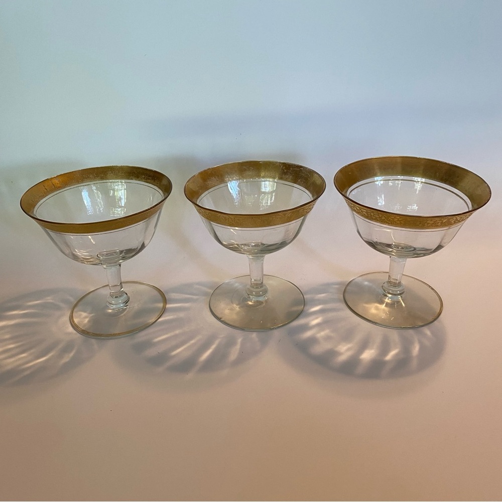 Tiffin Rambler Rose Crystal Champagne Dessert Coupe Glasses 22K Gold Rim 1940’s